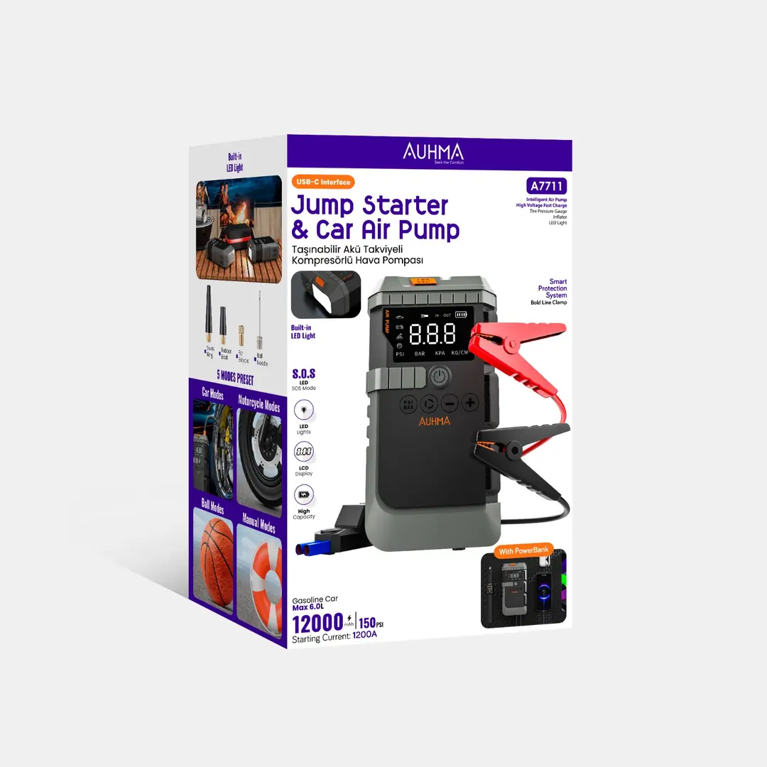 Auhma A7711 Jump Starter / Akü Takviye Cihazı | 4'ü 1 Arada Powerbank, Hava Kompresörü, LCD Ekran, 12.000mAh 150PSI