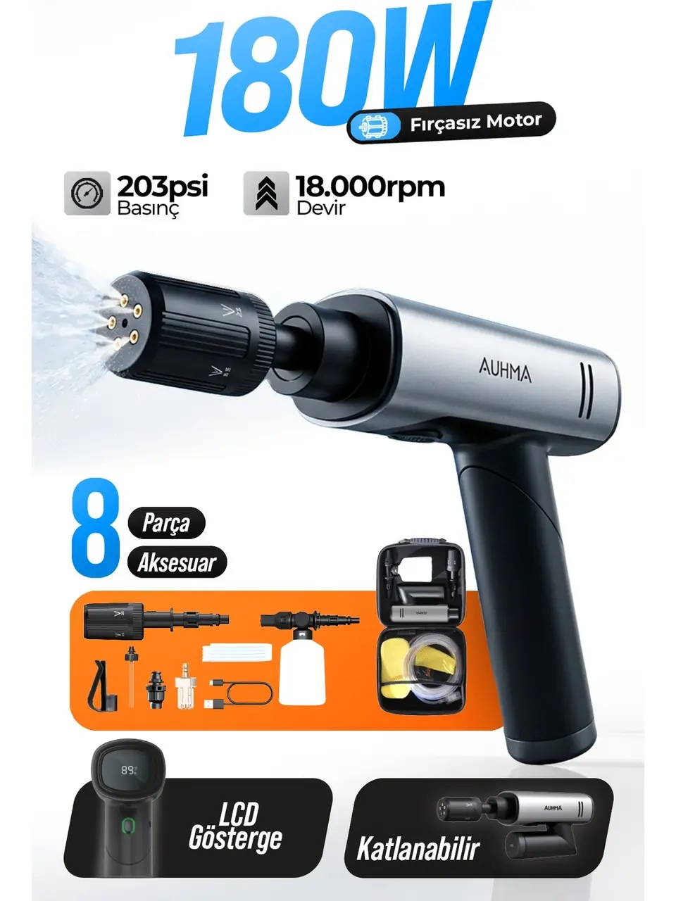 Auhma Acr-09 180W Fırçasız Şarjlı Basınçlı Yıkama Makinesi – Katlanabilir Kablosuz Oto Yıkama Tabancası 203 Psı 18.000 Mah