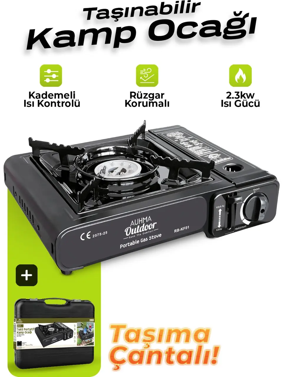 Auhma RB-KF01 Portatif Kamp Ocağı 2.3kw Siyah | Taşınabilir Tekli Gazlı Ocak | Rüzgar Geçirmez, Piknik, Kamp, Bahçe, Tekne Kullanımı
