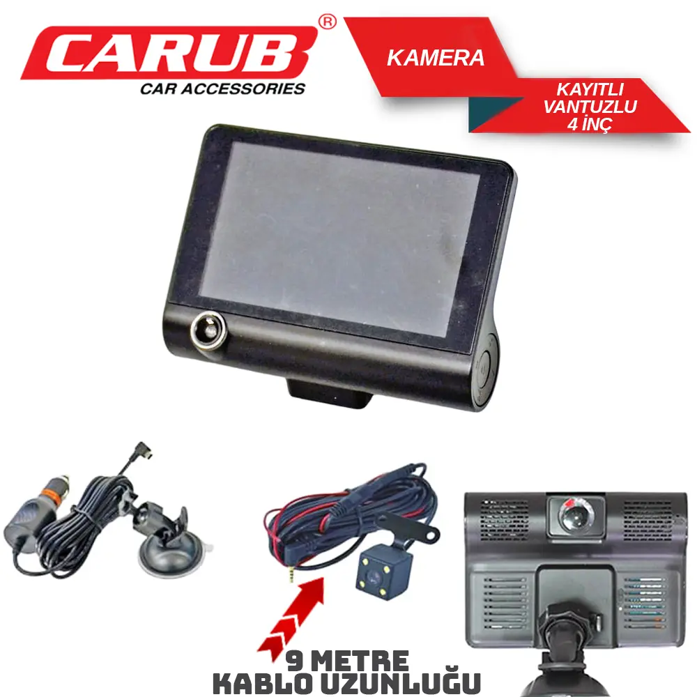 Carub Araç Kayıt Kamerası İç-Ön-Arka 4 İnç Vantuzlu Ekranlı 12v Dvr Uyumlu