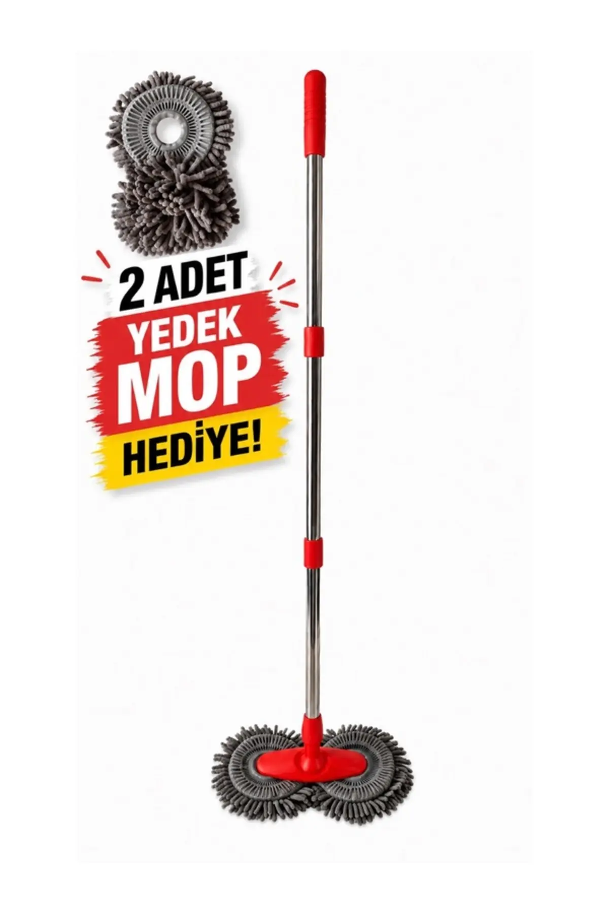 Çift Döner Başlıklı Araç Yıkama Mopu  | Mikrofiber Bezli Teleskopik Saplı