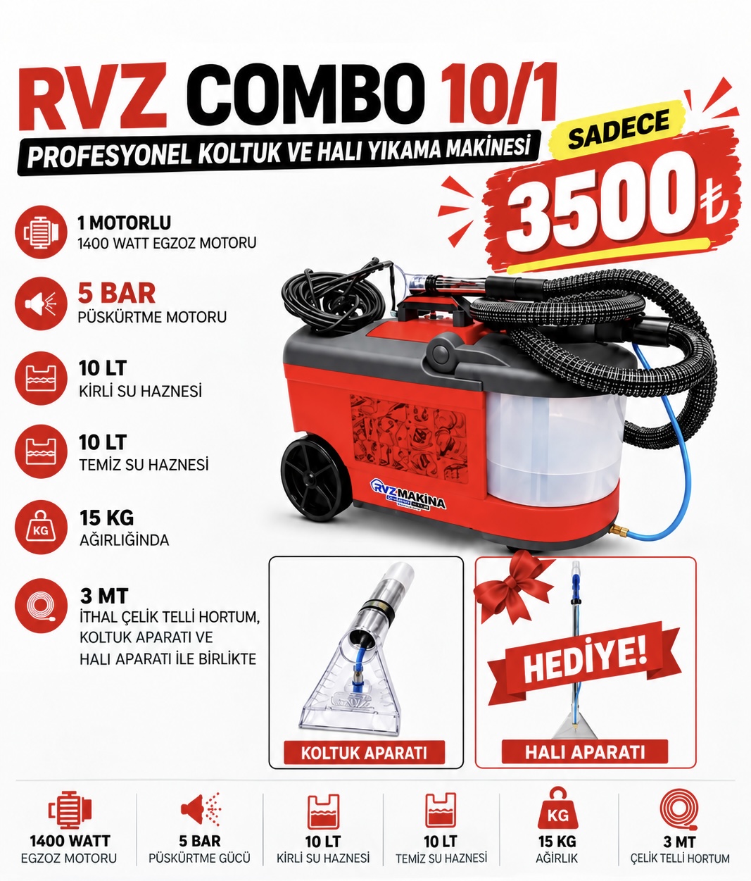 Rvz Combo 10/1 Profesyonel Halı ve Koltuk Yıkama Makinesi + Halı Aparatı Dahil - Kırmızı Renk