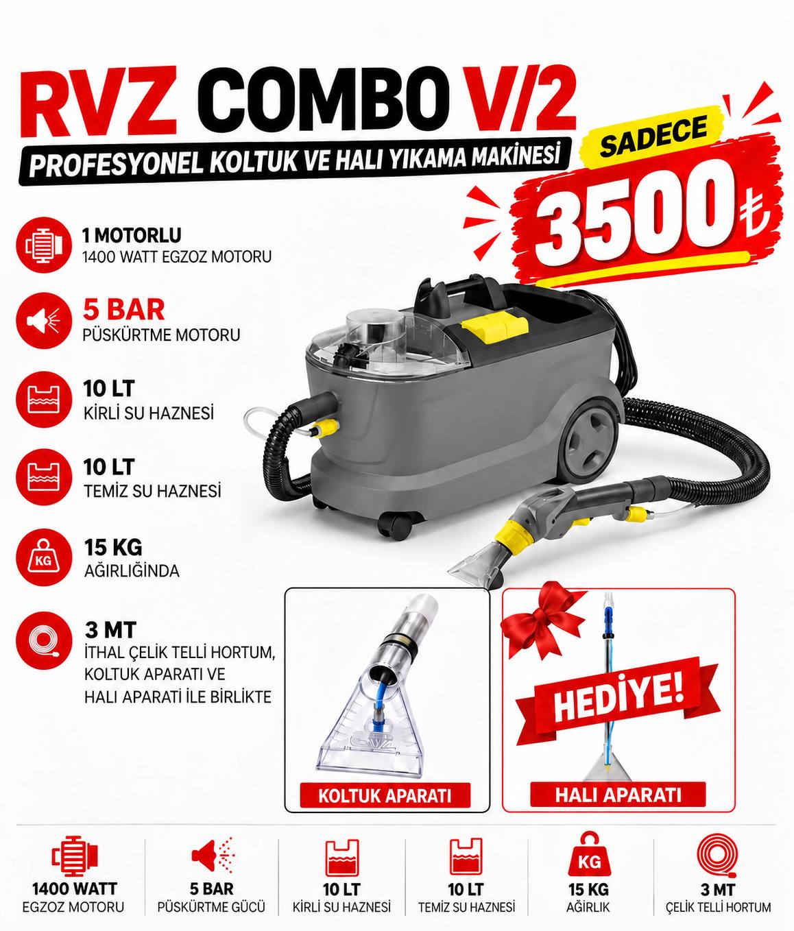 RVZ COMBO V2 PROFESYONEL HALI VE KOLTUK YIKAMA MAKİNESİ + HALI APARATI DAHİL - Sarı RENK