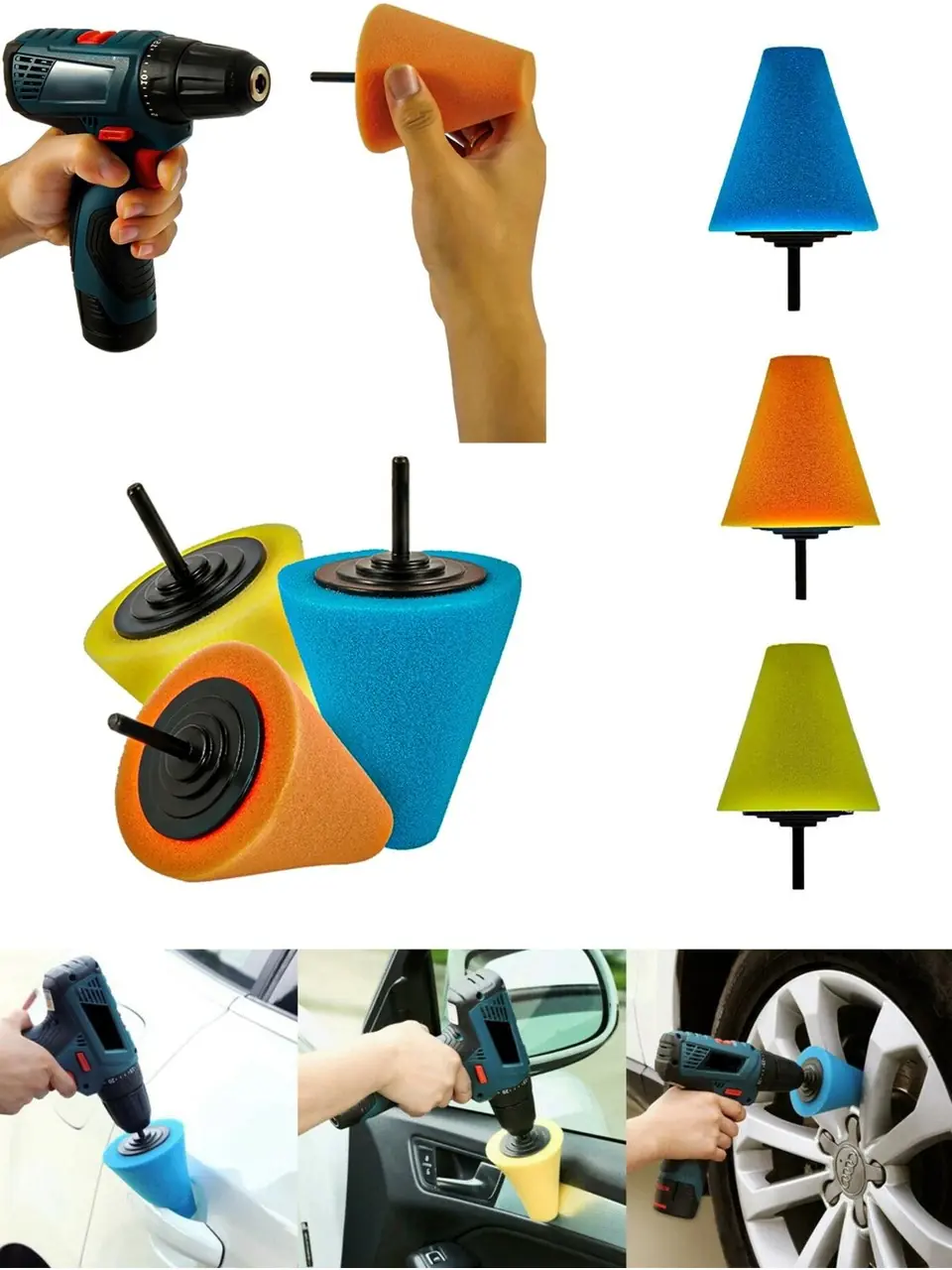 Rodex Konik Pasta Cila Oto Parlatma Polisaj Süngeri Aparatı Matkap Ucu Jant Temizlik Seti (3 Parça)