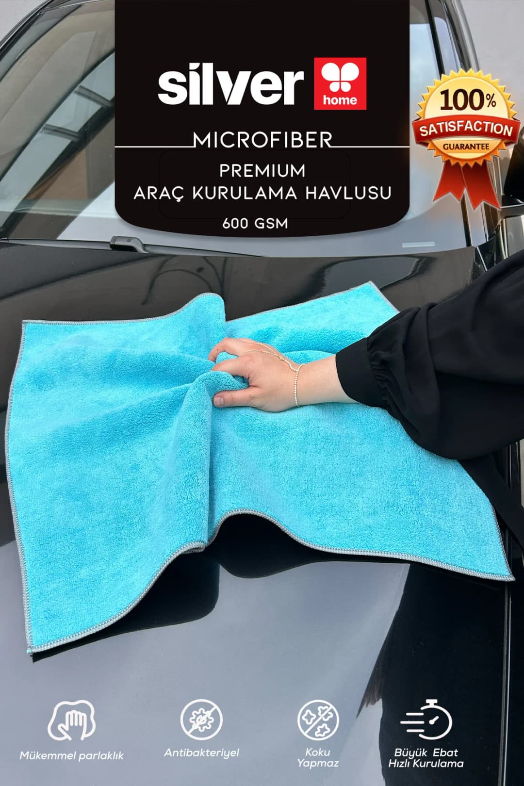 Silver Home Mikrofiber Süper Emici 600 Gsm Mavi-Gri Çift Yüzlü Araç Kurulama Havlusu 50×70 Cm